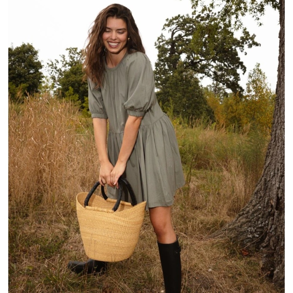 Summersalt Pima Cotton Smocked Mini Dress Olive Puff Sleeve NWT S Loose fit Boho